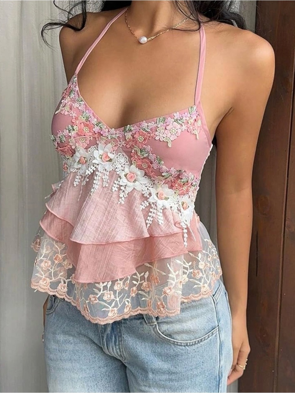 Floral Lace Trim Pink Tiered Cami Top - Picture 4 of 6